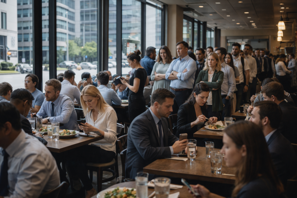 Pessoas almoçam e aguardam em fila em um restaurante movimentado, seguindo rotinas sociais aparentemente neutras, mas moldadas por regras e pressões coletivas invisíveis.