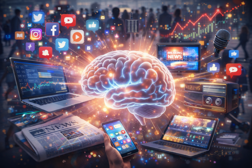 Cérebro iluminado cercado por mídias, redes sociais e notícias, representando a influência constante das expectativas coletivas sobre as decisões individuais.