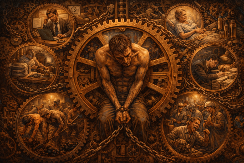 Ilustração simbólica representando sistemas sociais que perpetuam padrões de sofrimento coletivo.