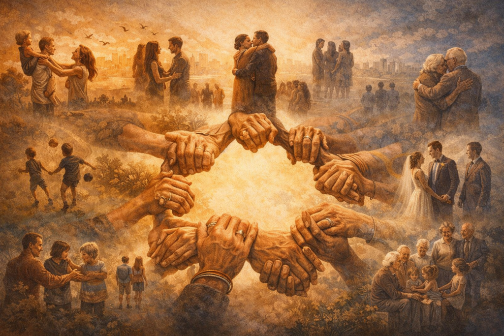 Ilustração simbólica representando a formação dos vínculos humanos e como as relações influenciam a construção da identidade pessoal.
