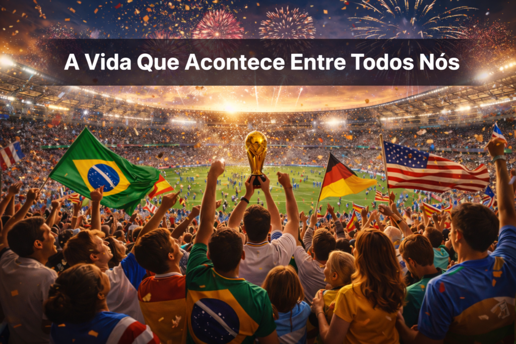 Multidão reunida em evento global com bandeiras de diferentes países e celebração coletiva, simbolizando a dimensão coletiva e a experiência humana compartilhada
