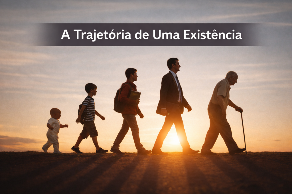 Sequência de uma pessoa atravessando as fases da vida, da infância à velhice, simbolizando a trajetória individual e a dimensão pessoal da experiência humana