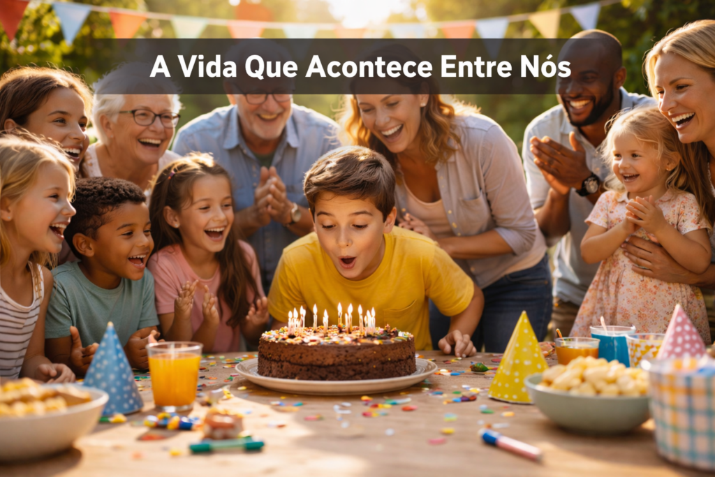 Família reunida celebrando aniversário em torno de um bolo, simbolizando vínculos afetivos, convivência e a dimensão relacional da experiência humana
