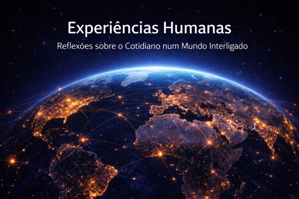 Planeta Terra conectado por luzes e redes globais, simbolizando as experiências humanas em um mundo interligado.