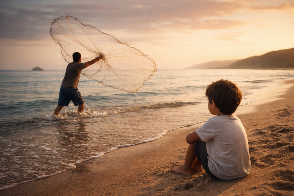 Criança observa pescador lançar rede ao mar, representando aprendizado, consciência e percepção da vida cotidiana.