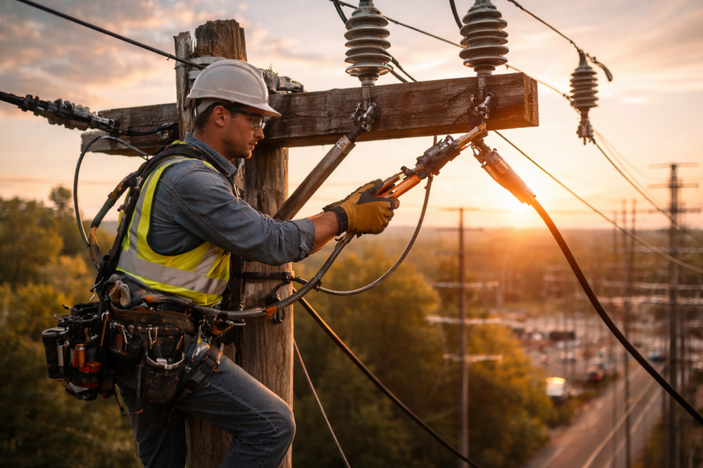 Técnico trabalha em um poste de energia ao entardecer, mantendo conexões elétricas que simbolizam a responsabilidade de sustentar limites e estruturas.