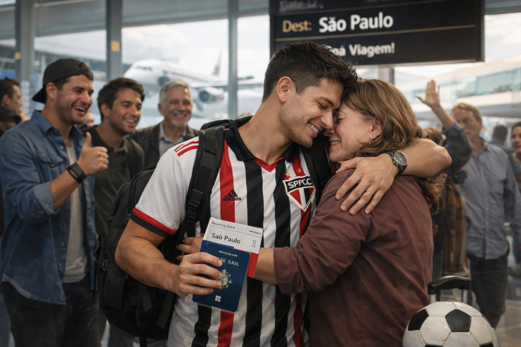 Jovem se despede emocionado antes de uma viagem, evidenciando como pequenas renúncias contribuem para moldar quem ele se torna.