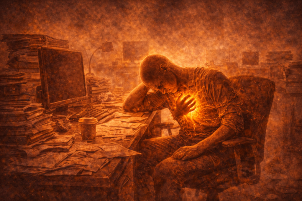 Ilustração simbólica mostrando indivíduo esgotado emocionalmente, representando perda de sentido.