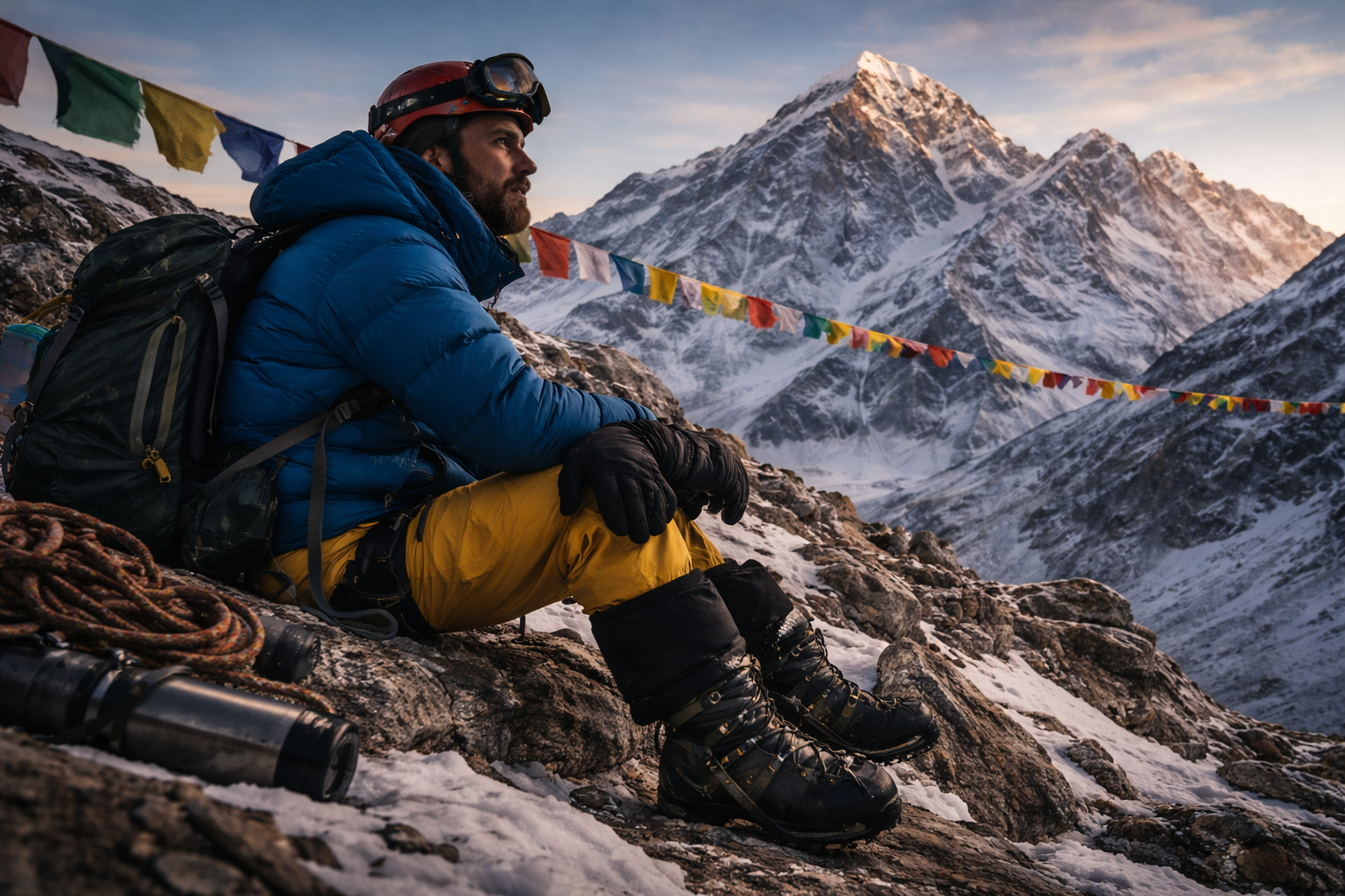 Alpinista descansa em uma encosta nevada observando a montanha à frente, simbolizando o momento em que o corpo pede pausa antes de seguir adiante.