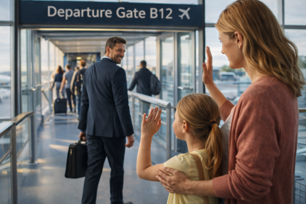 Homem segue para embarque enquanto mulher e criança se despedem no aeroporto, simbolizando distância, renúncia e os desafios emocionais dos vínculos.