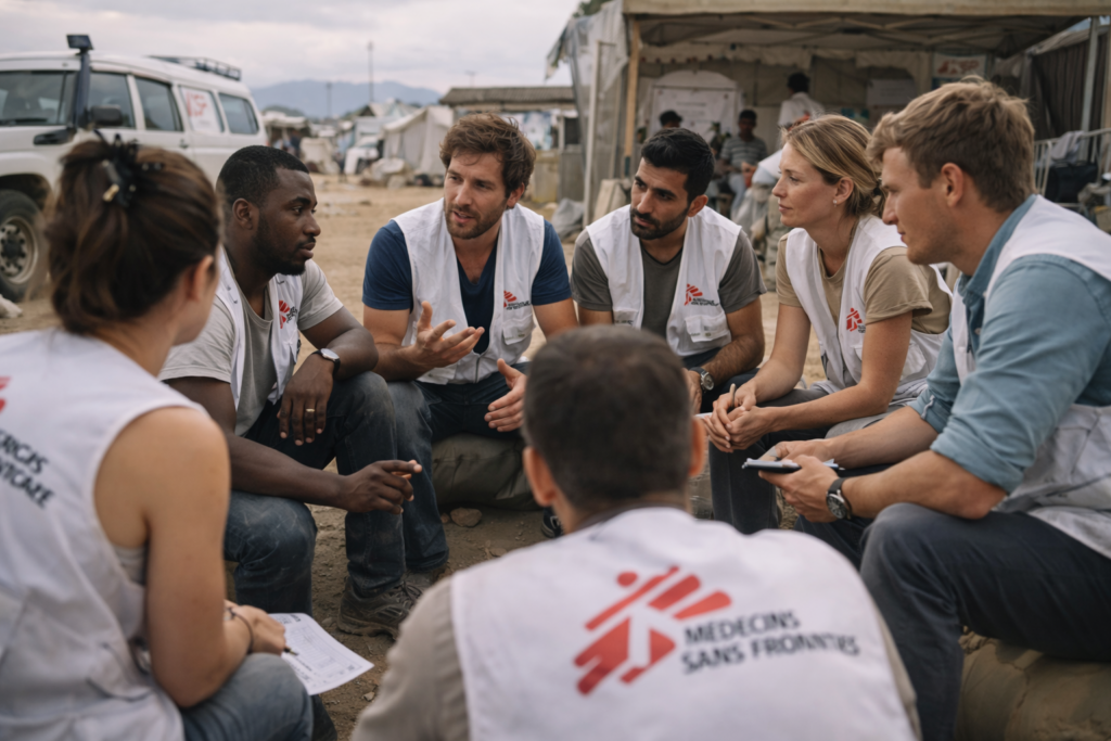 Grupo de voluntários reunido em conversa, representando cooperação, decisões coletivas e organização das relações.