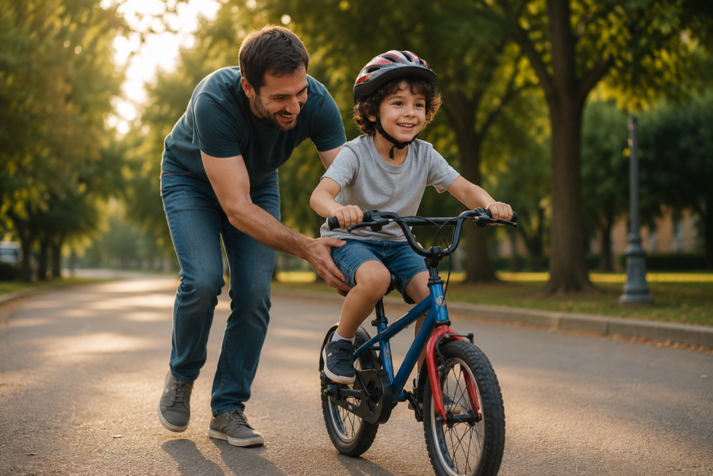 Criança aprende a andar de bicicleta enquanto recebe apoio de um adulto, ilustrando o desenvolvimento da autonomia através de orientação e suporte.
