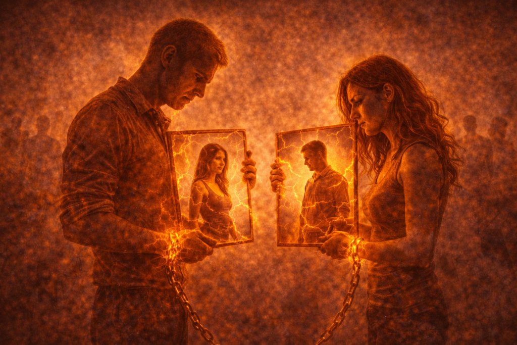 Ilustração simbólica mostrando expectativa emocional entre duas pessoas.