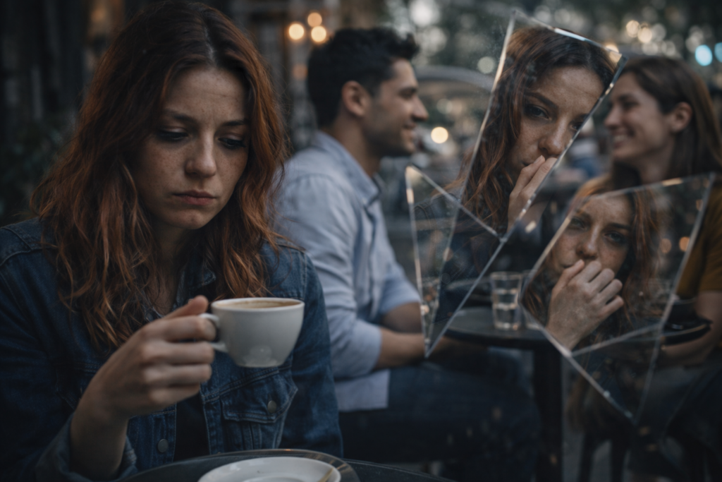 Mulher observa seu reflexo fragmentado enquanto pessoas ao fundo interagem, simbolizando o desencontro entre a autoimagem e o olhar do outro.