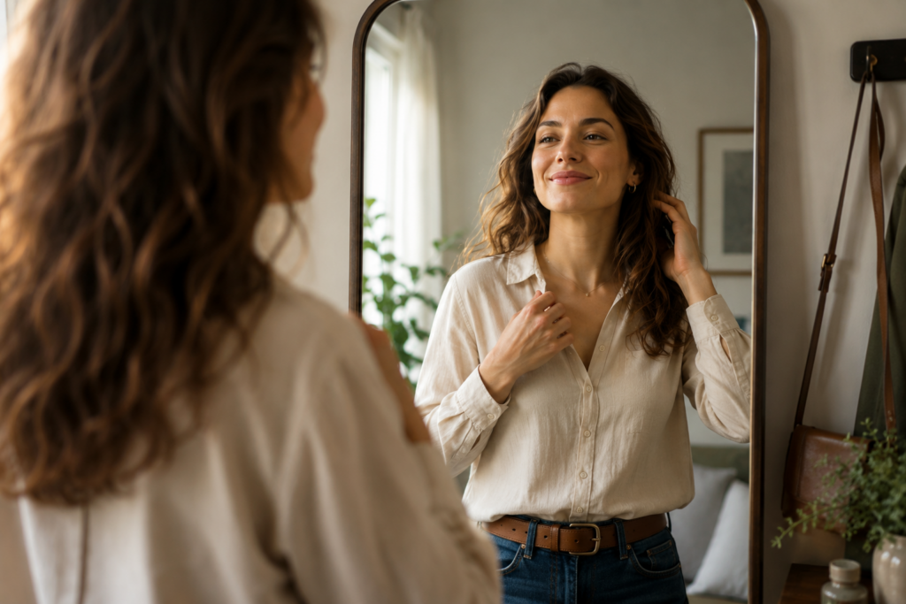Mulher observa seu reflexo em um espelho enquanto se prepara para sair. A expressão serena e confiante transmite uma relação mais tranquila consigo mesma, sem depender da aprovação dos outros.