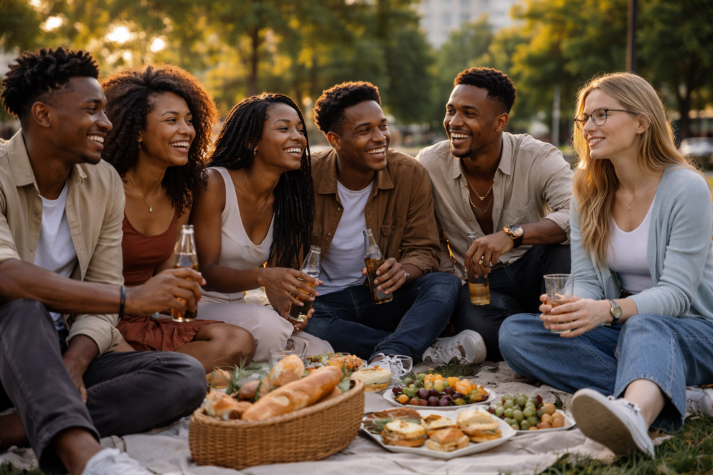 Grupo de amigos reunido em um piquenique, expressando como o pertencimento envolve adaptação e integração ao coletivo.