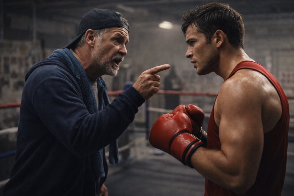 Treinador confronta boxeador dentro do ringue, apontando o dedo enquanto o atleta escuta em silêncio, revelando tensão e repetição de um padrão de confronto.