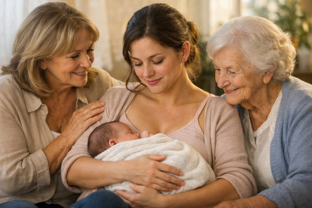 Três gerações observam um recém-nascido nos braços da mãe, expressando a continuidade dos vínculos ao longo do tempo.