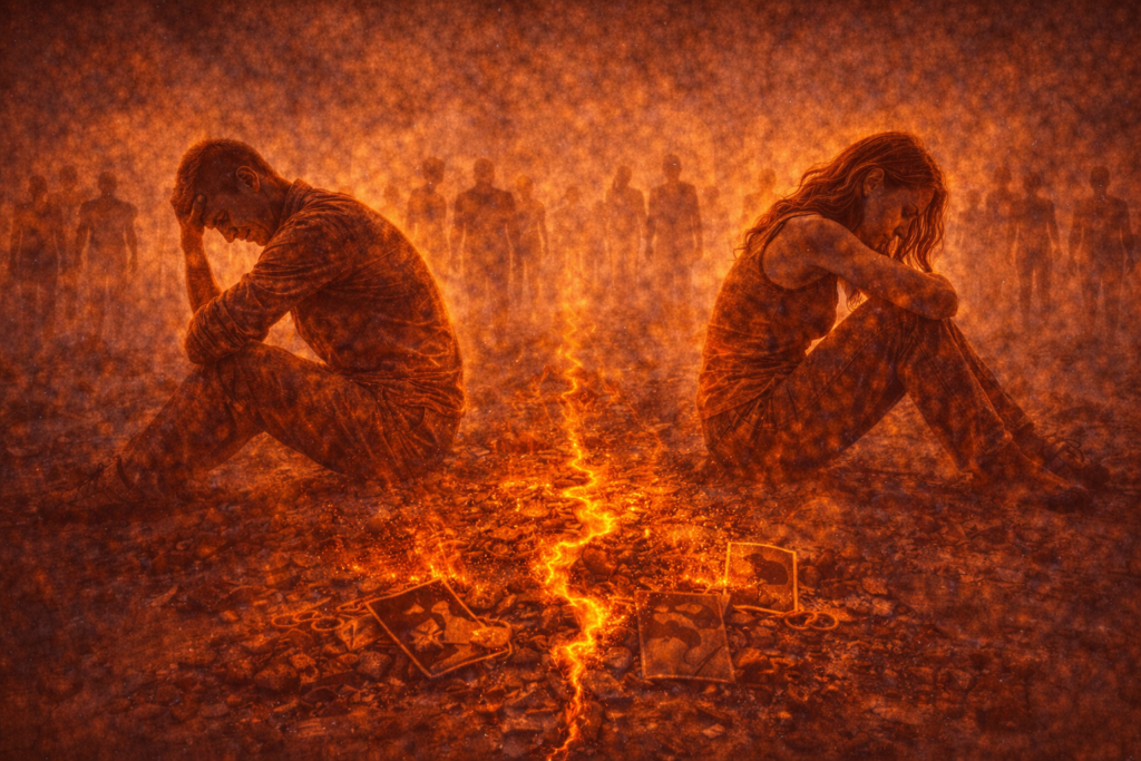 Ilustração simbólica representando o desgaste emocional que pode existir dentro de relações humanas ao longo do tempo.
