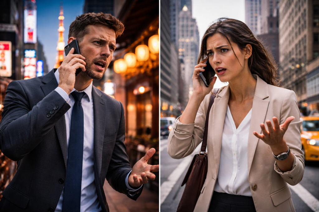 Homem e mulher falam ao telefone em locais diferentes, ambos com expressões tensas, revelando desgaste emocional em uma relação que continua ativa.