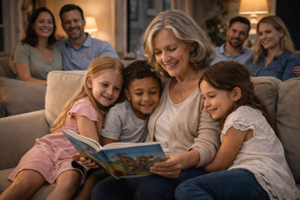 vó lê para seus netos enquanto a família observa ao fundo, ilustrando como pequenos gestos constroem e fortalecem vínculos ao longo do tempo.