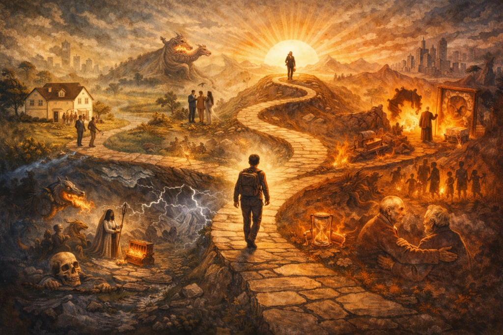 Ilustração simbólica representando a trajetória individual como um caminho marcado por escolhas, desafios e transformações ao longo da vida.

