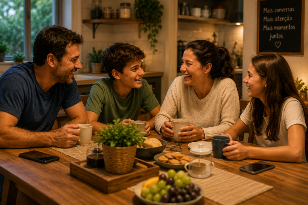 Família conversando e sorrindo durante uma refeição, com a atenção voltada para as pessoas presentes e não para os celulares.