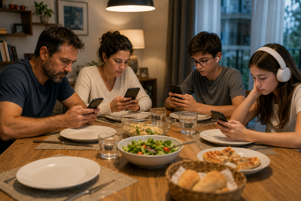 Família reunida à mesa durante uma refeição enquanto cada pessoa utiliza o próprio celular, demonstrando convivência com pouca interação direta.