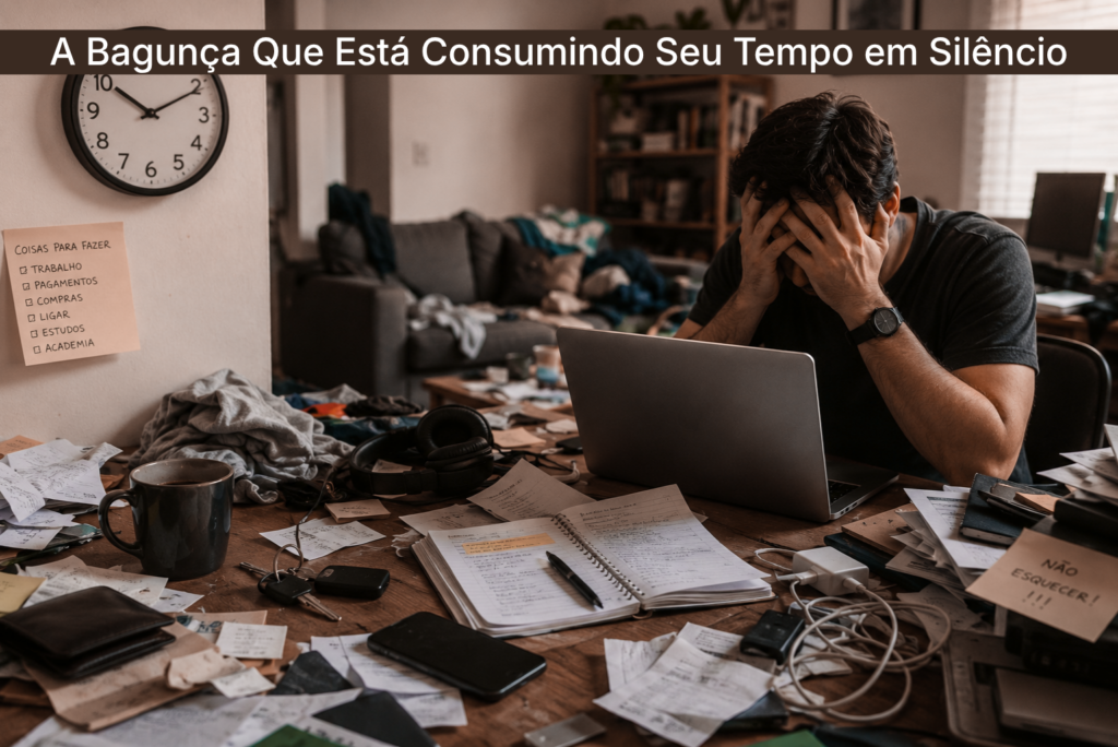 Homem sentado diante de uma mesa e sala completamente desorganizadas, cercado por papéis, objetos e tarefas acumuladas, representando como a bagunça pode gerar estresse, distração e perda de tempo no dia a dia.