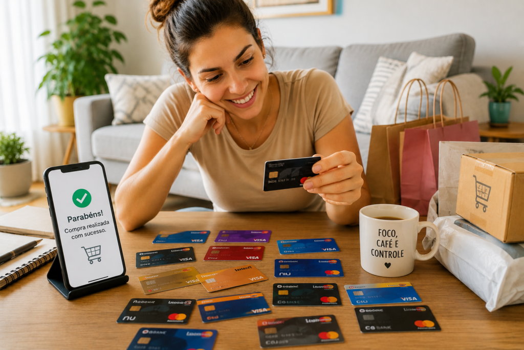 Mulher segurando cartão diante de celular com confirmação de compra.