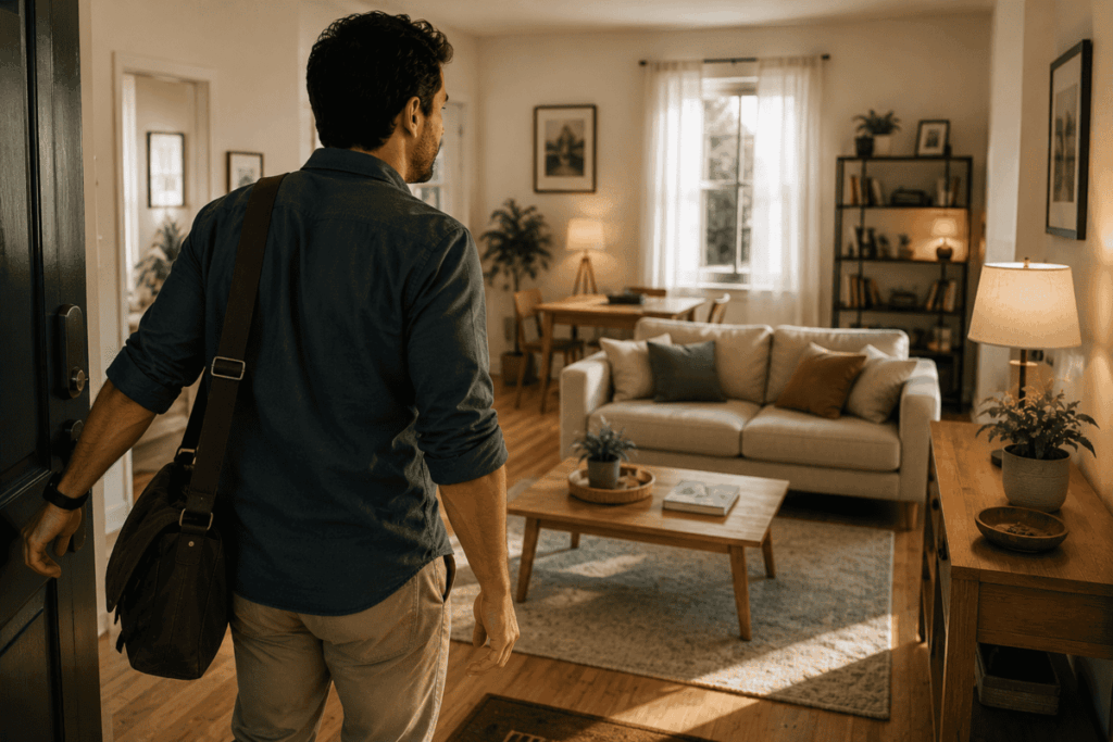 Homem entrando em sala organizada carregando bolsa de ombro.